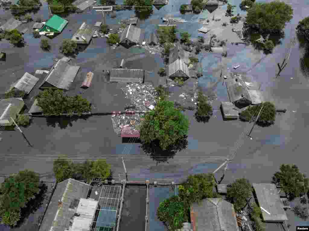 An aerial view shows a flooded area after the Nova Kakhovka dam breached, in Kherson, Ukraine, June 10, 2023. 