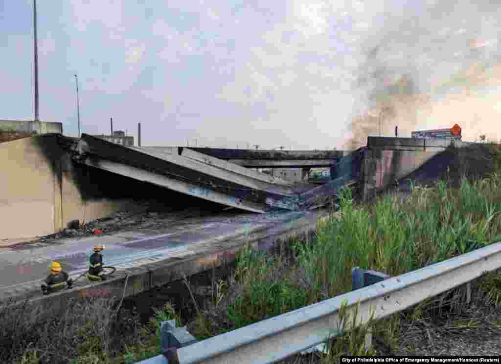 A general view shows the partial collapse of Interstate 95 after a fire underneath an overpass in Philadelphia, Pennsylvania. A portion of a major U.S. highway&nbsp;collapsed in Philadelphia after a vehicle caught fire underneath it, city officials said. No injuries were reported.