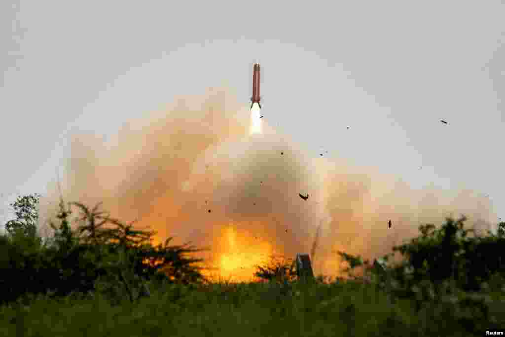 A Patriot air missile system is fired during a live fire exercise in the annual joint military exercises between U.S. and Philippine troops&nbsp;called &quot;Balikatan&quot; or shoulder-to-shoulder,&nbsp;at a naval base in San Antonio, Zambales province, Philippines, April 25, 2023.