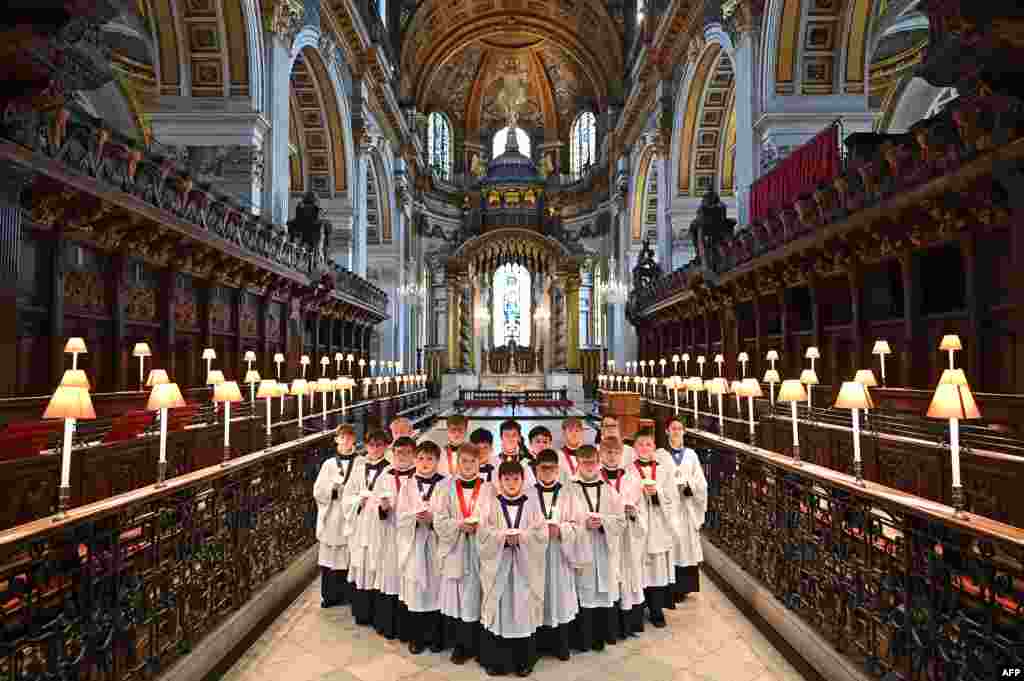 Choristers take part in a rehearsal for their upcoming Christmas performances, at St. Paul&#39;s Cathedral in central London.