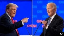 Kombinacija fotografija republikanskog predsjedničkog kandidata, bivšeg predsjednika SAD Donalda Trumpa, i kandidata demokrata, aktuelnog predsjednika SAD Joea Bidena, tokom debate čiji je domaćin bio CNN, 27. juna 2024. u Atlanti.