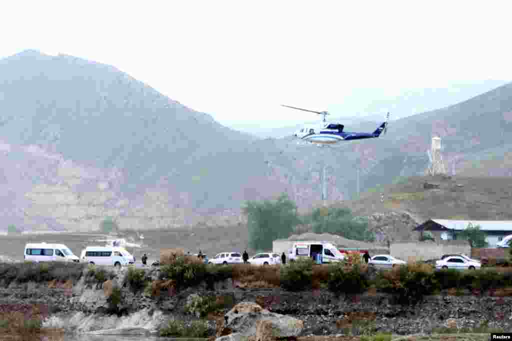 A helicopter carrying Iran&#39;s President Ebrahim Raisi takes off, near the Iran-Azerbaijan border, May 19, 2024. The helicopter with Raisi on board later crashed. (Ali Hamed Haghdoust/IRNA/WANA (West Asia News Agency))