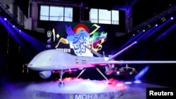 A new drone called "Mohajer-10" with a range of 2,000 km, unveiled by Iran, is seen in Tehran, Aug. 22, 2023. (Iran's Presidency/West Asia News Agency via Reuters)