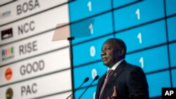 Rais wa Afrika Kusini Cyril Ramaphosa akizungumza wakati wa kutangaza matokeo ya uchaguzi mjini Johannesburg, June 2, 2024. Picha ya AP