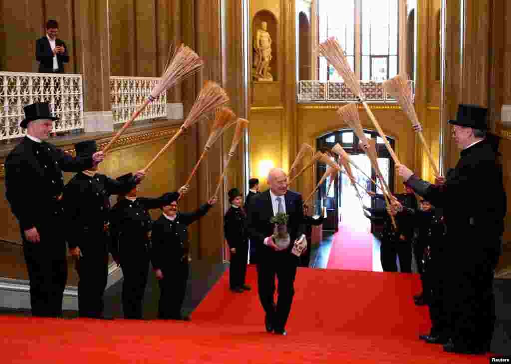 Chimney sweeps welcome newly elected Mayor of Berlin Kai Wegner at the city&#39;s town hall Rotes Rathaus (Red Townhall), in Berlin, Germany.