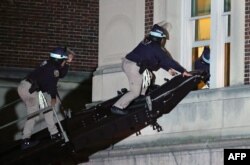 Pripadnici njujorške policije ulaze kroz prozor u zgadu Hamilton Hall u koju su se zabirakadirali demonstranti.