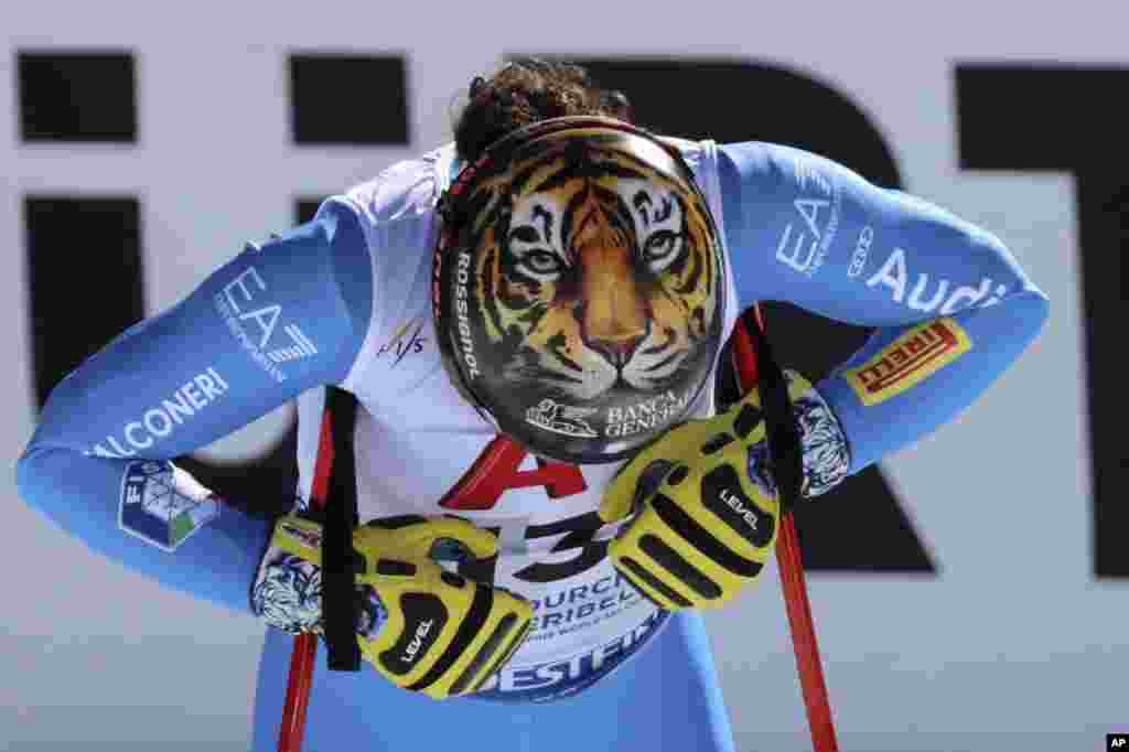 Italy&#39;s Federica Brignone is seen at the finish area of an alpine ski, women&#39;s World Championships super G, in Meribel, France.