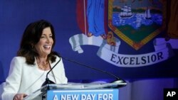 New York Gov. Kathy Hochul speaks during her primary election night party, June 28, 2022, in New York. (AP Photo/Mary Altaffer) Hochul is a Democrat.