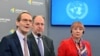 Chairman of the Independent International Commission of Inquiry on Ukraine Erik Mose (L) flanked by commission members Pablo de Greiff (C) and Jasminka Dzumhur give a press conference in Kyiv on June 15, 2022. 