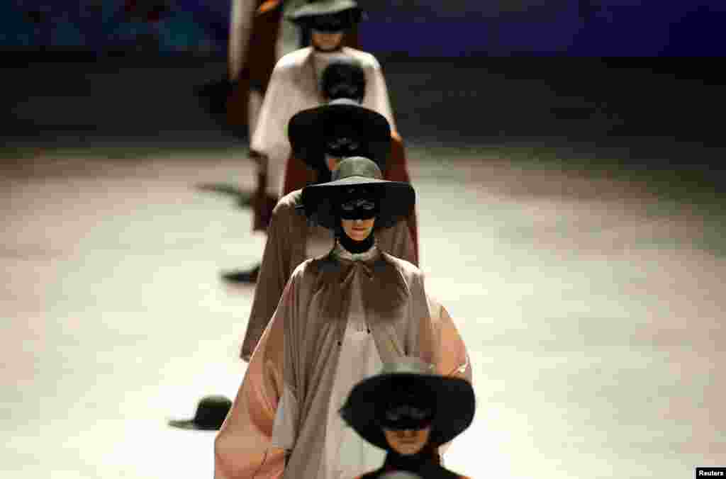 Models present creations by Jenahara at Indonesia Fashion Week in Jakarta.