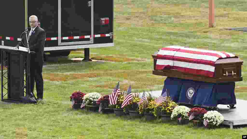 Kip Soviak speaks during the funeral of his son, Navy Corpsman Maxton Soviak, at Edison High School Stadium in Milan, Ohio.&nbsp;Maxton was one of 13 U.S. troops killed in a suicide bombing at Afghanistan&#39;s Kabul airport on Aug. 26.