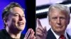 This combination of pictures created on Aug. 12, 2024 shows Tesla CEO Elon Musk, left, speaking ain Los Angeles on May 6, 2024, and 2024 Republican presidential candidate Donald Trump at the Fiserv Forum in Milwaukee, Wisconsin, on July 18, 2024.