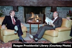 U.S. President Reagan and Soviet General Secretary Gorbachev at their first Summit in Geneva, Switzerland, Nov. 19, 1985.