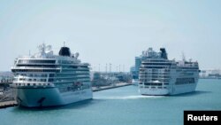 FILE - MSC Armonia cruise ship leaves Barcelona's Port, Spain April 4, 2024. 
