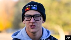 FILE - Dylan Voller speaks to the media during a press conference in Canberra, May 24, 2018. Australia's high court ruled, Sept. 8,2021, that the media groups are legally responsible as “publishers” for third parties’ comments on their Facebook pages.