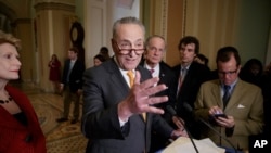 Senate Minority Leader Charles Schumer of N.Y., speaks with reporters following a closed-door strategy session, March 28, 2017, on Capitol Hill in Washington.