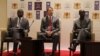 Issa Doubragne, ministre tchadien de l'Economie, Stefen Tull, représentant résident du PNUD et Mathieu Bekan expert, au Tchad, le 9 mai 2018. (VOA/André Kodmadjingar)