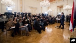Austrian Chancellor Sebastian Kurz, address the media during af news conference after the inauguration ceremony at the Chancellors Office in Vienna, Austria, May 21, 2019.