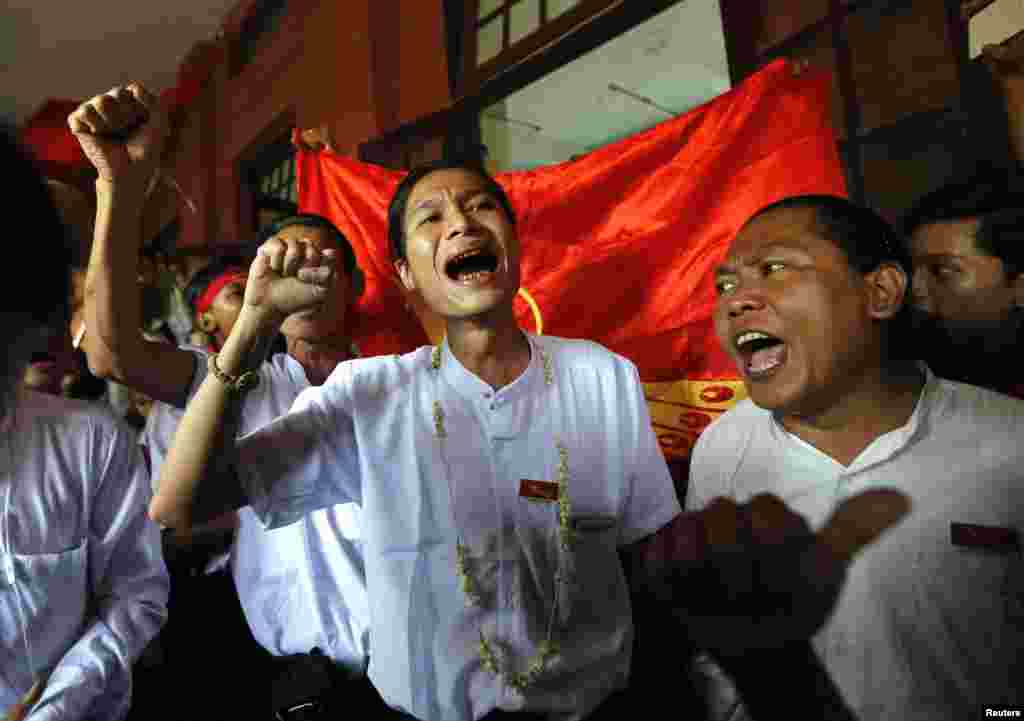 Student protesters shout after they were released by the new government's general amnesty at Tharrawaddy court, Tharrawaddy, Bago division, Myanmar.