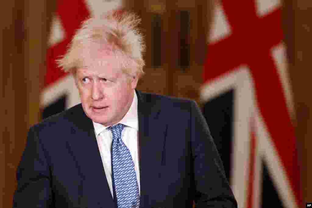 Britain&#39;s Prime Minister Boris Johnson speaks during a media briefing in Downing Street, London.