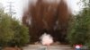 A section of the road and rail links with South Korea is blasted, according to North Korea's state media, at an undisclosed location along the border area October 15, 2024, in this photo released by North Korea's official Korean Central News Agency October 17, 2024.