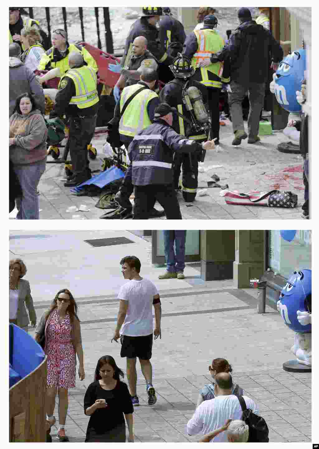 Foto-foto yang diambil pada 15 April 2013 dan 14 April 2014. Foto 2013 menunjukkan petugas medis mengobati orang-orang yang terluka di dekat garis finish. (AP/Charles Krupa)