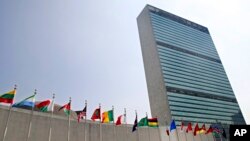 联合国成员国的旗帜在纽约联合国总部大厦外飘扬。