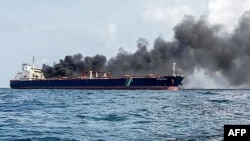 The Singapore-flagged tanker Hafnia Nile burns on July 19, 2024, in Tanjung Sedili, near Singapore. (Malaysian Maritime Enforcement Agency via AFP)