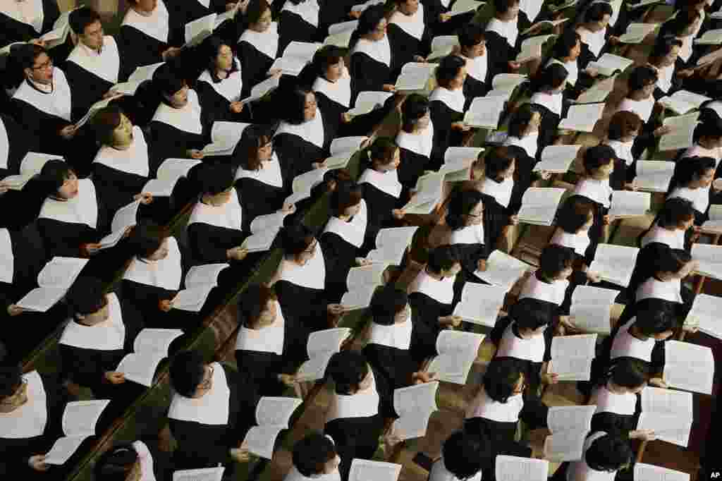 South Korean Christians participate in an annual Easter service at Kwanglim Church in Seoul.