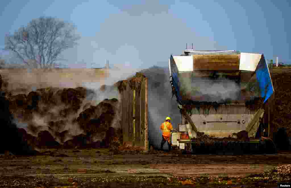 A man operates machinery holding material to make compost, at the Highline Mushroom Farm, Canada's largest mushroom grower, in Leamington, Ontario.