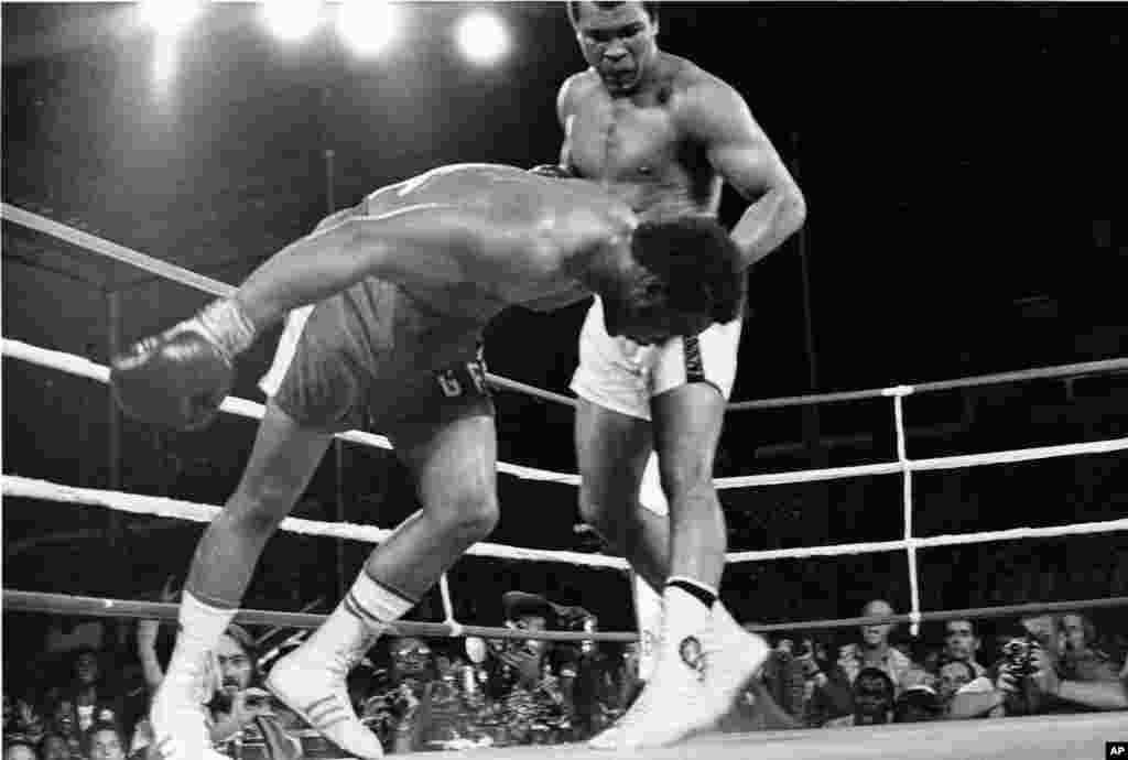 Muhammad Ali menundukkan penantangnya, George Foreman, yang jatuh ke kanvas pada ronde kedelapan pertandingan WBA/WBC di Kinshasa, Zaire, 30 Oktober 1974.&nbsp;