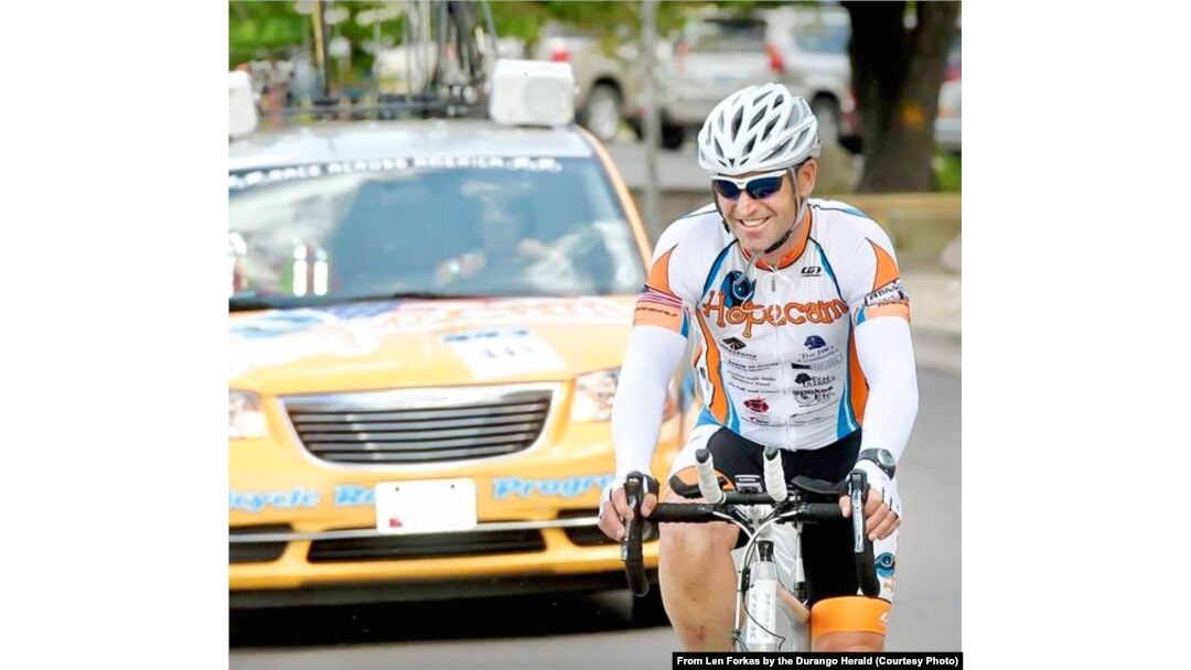 Len Forkas cycles during the 2012 Race Across America. He finished 10th in 2012 and won his age division. He started his charity HopeCam when his son Matt was diagnosed with cancer in 2002. His son is now a college graduate and does not have cancer.