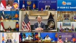 A screen grab taken from Vietnam Host Broadcaster's Nov. 14, 2020 live video shows U.S. National Security Advisor Robert O'Brien, center, addressing ASEAN member states’ representatives.