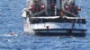 Migrants jump off the Spanish rescue ship Open Arms, close to the Italian shore in Lampedusa, Aug. 20, 2019. 