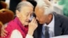 South Korean Kwon O-Hui (L) cries with her North Korean relative Ri Han-Sik (R) as they bid farewell following their three-day separated family reunion meeting at the Mount Kumgang resort on the North's southeastern coast, Oct. 22, 2015.