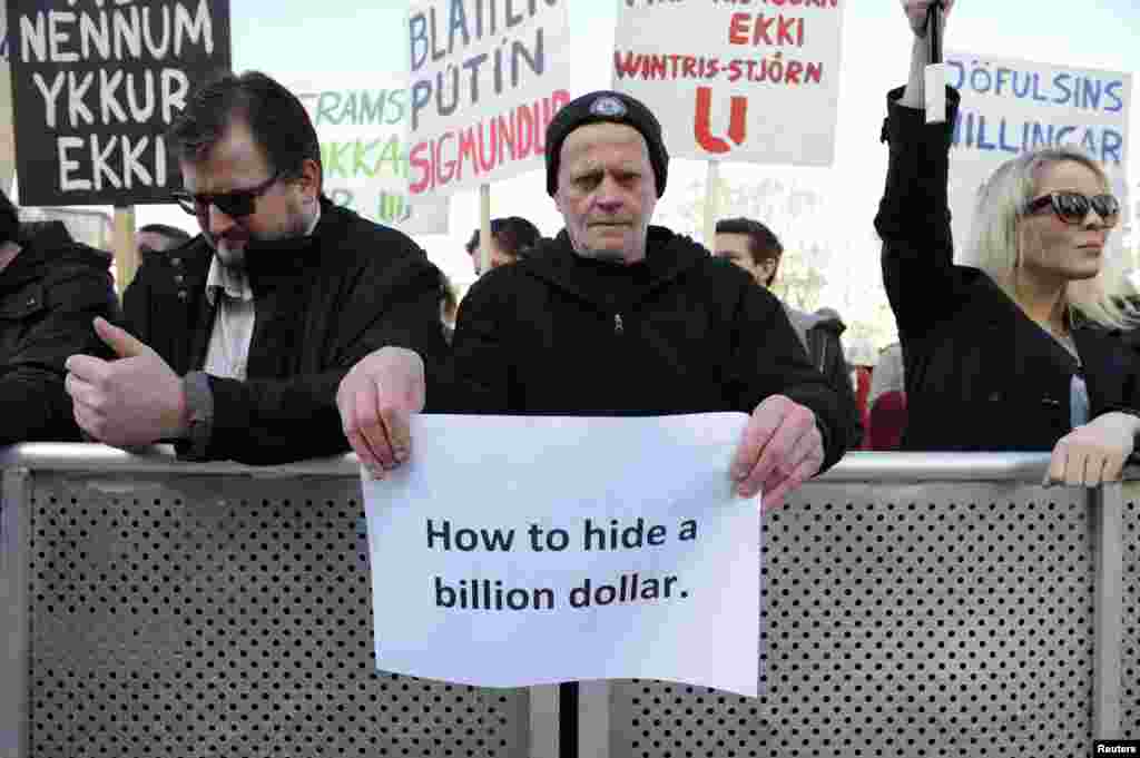 People demonstrate against Iceland's Prime Minister Sigmundur Gunnlaugsson in Reykjavik, Iceland, April 4, 2016, after a leak of documents — the so-called Panama Papers —stoked anger over his wife owning a tax haven-based company with large claims on the country's collapsed banks. Gunnlaugsson became the first major casualty of the Panama Papers' revelations, stepping down Tuesday.