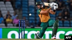 South Africa's captain Aiden Markram plays a shot during the ICC men's Twenty20 World Cup 2024 semi-final cricket match between South Africa and Afghanistan at Brian Lara Cricket Academy in Tarouba, Trinidad and Tobago, on June 26, 2024.