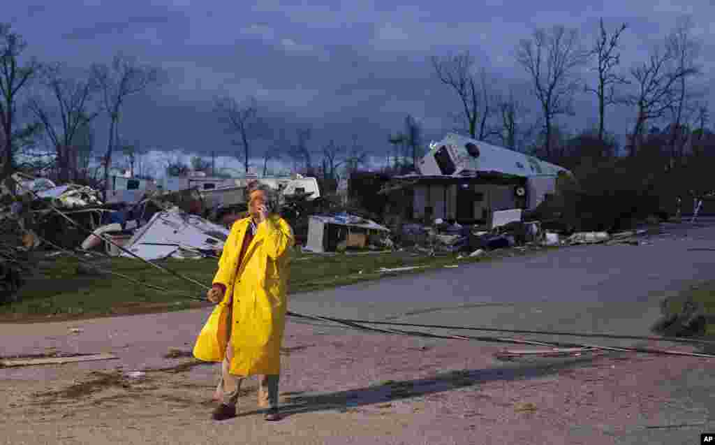 Director of Emergency Operations for St. James Parish Blaise Gravois talks on the phone at Sugar Hill RV Park following a storm in Convent, Louisiana. Tornadoes and severe weather ripped through the Gulf Coast, mangling trailers at an RV park and ripping off roofs from buildings in Louisiana and Mississippi, authorities said.