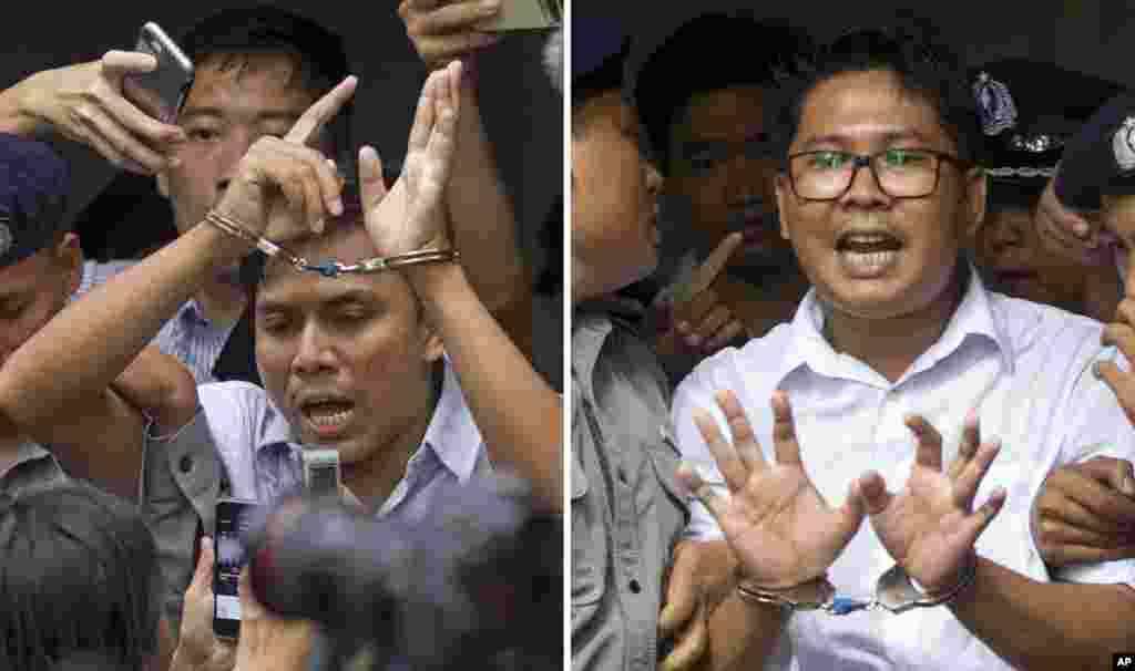 អ្នក​កាសែត​ Reuters លោក Kyaw Soe Oo (ឆ្វេង)​និង​លោក Wa Lone ត្រូវ​បាន​គេដាក់​ខ្នោះ​ដៃ​ខណ​ដែល​ពួកគេ​ត្រូវ​ប៉ូលិស​បញ្ជូន​ទៅតុលាការ​ក្នុង​ទីក្រុង​រ៉ង់ហ្គូន ប្រទេស​មីយ៉ាន់ម៉ា។ តុលាការ​កាត់ទោស​អ្នក​កាសែត​ទាំងពីរ​នាក់​នេះ​ឲ្យ​ជាប់​ពន្ធនាគារ​៧ឆ្នាំ ពី​បទ​រក្សាទុក​ឯកសារ​ផ្លូវការ​ខុស​ច្បាប់ ខណ​សហគមន៍​អន្តរជាតិ​រិះគន់ ពីការ​រំលោភសិទ្ធិមនុស្ស​របស់​យោធា​លើ​ជនជាតិ​រ៉ូហ៊ីងយ៉ា​កាន់សាសនា​ឥស្លាម។