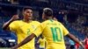 Le Brésilien Thiago Silva, à gauche, juible avec son coéquipier Neymar après avoir marqué le deuxième but de son équipe lors du match du groupe E contre la Serbie, lors de la Coupe du monde 2018 au stade Spartak à Moscou, Russie, mercredi 27 juin 2018.