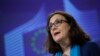 FILE: European Trade Commissioner Cecilia Malmstrom talks to journalists during a news conference at the European Commission headquarters in Brussels, Monday, April 15, 2019. (AP Photo/Francisco Seco)